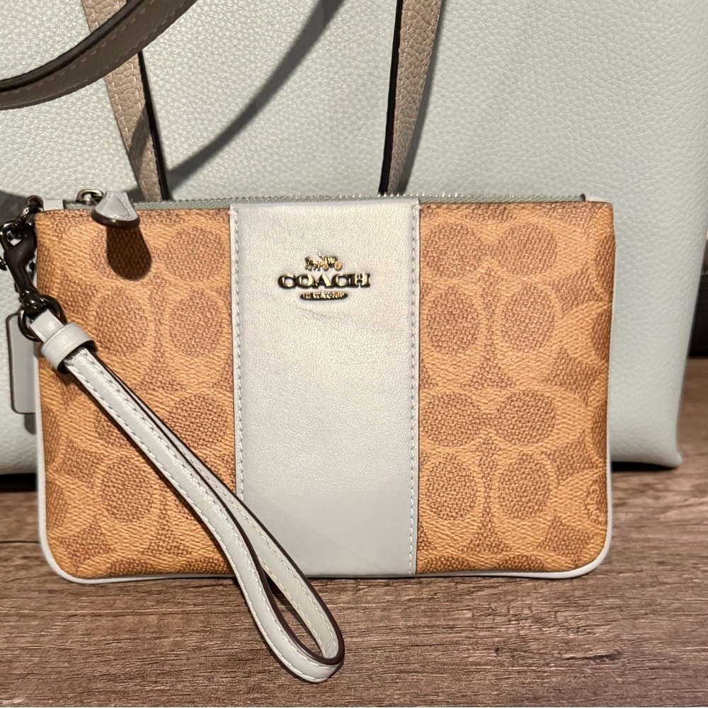 Coach Signature Tan and Light Blue Wristlet